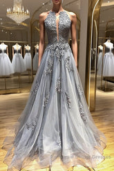 Backless Gray Lace Semi Formal Prom Dresses, Backless Gray Lace Formal Evening Graduation Dresses